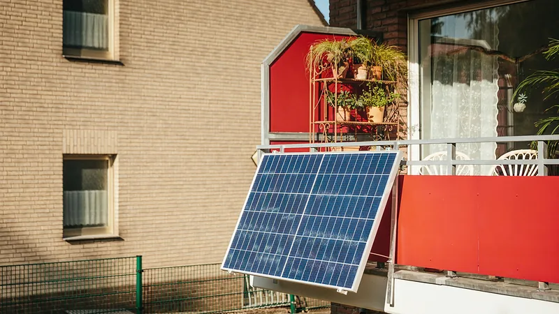 Ein Solarmodul hängt an der Brüstung eines Balkons mit Pflanzen in einem Mehrfamilienhaus aus Klinker