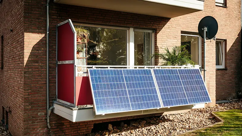 Zwei Solarmodule an der Brüstung eines Balkons in einem Wohnhaus aus Backstein