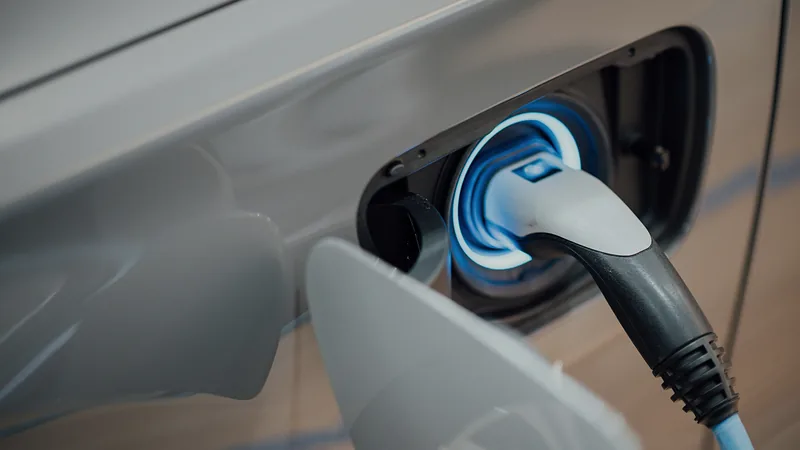 Ein Ladestecker steckt in der beleuchteten Ladebuchse eines silbernen Elektroautos